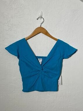 Boho Coastal Size S NWT Japna Turquoise Linen Blend Twist Front Crop Top